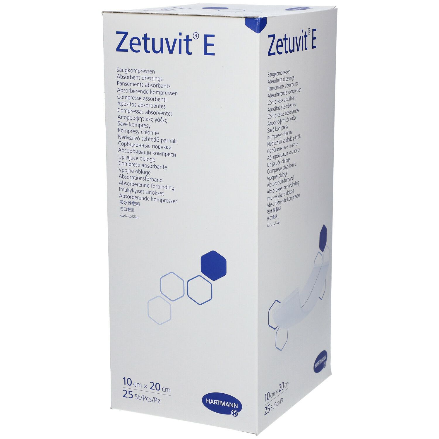 Boîte Zetuvit E. Compresses absorbantes. 10x20 cm. 25 pièces. Logo HARTMANN. Emballage blanc avec accents bleus et illustration du produit.