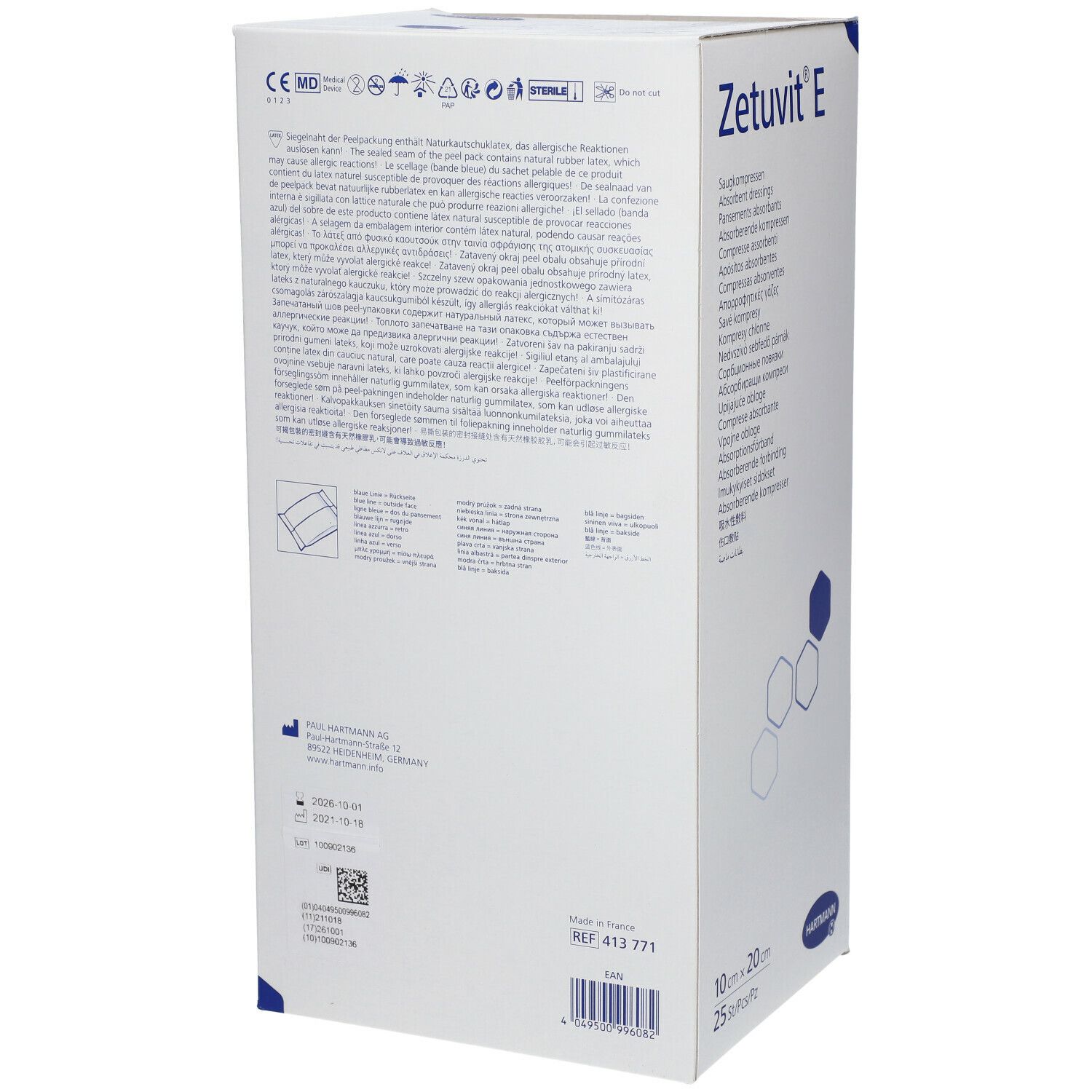 Dos de la boîte Zetuvit E. Texte multilingue. Informations fabricant. Marquage CE. Indication stérile. Code-barres.