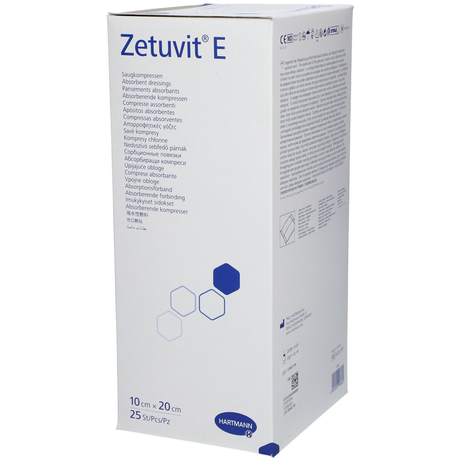 Boîte Zetuvit E. Compresses absorbantes. 10x20 cm. 25 pièces. Logo HARTMANN. Emballage blanc avec accents bleus et illustration du produit.