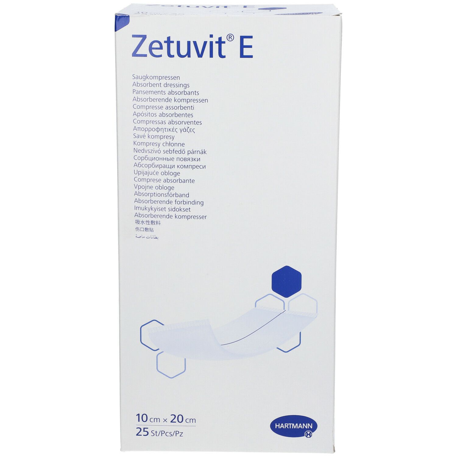 Boîte Zetuvit E. Compresses absorbantes. 10x20 cm. 25 pièces. Logo HARTMANN. Emballage blanc avec accents bleus et illustration du produit.