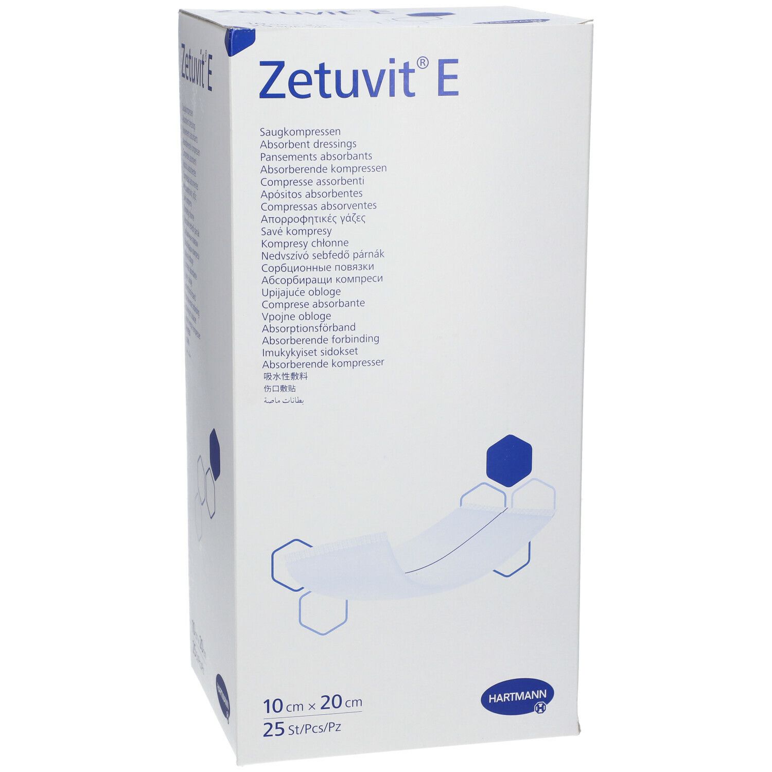 Boîte Zetuvit E. Compresses absorbantes. 10x20 cm. 25 pièces. Logo HARTMANN. Emballage blanc avec accents bleus et illustration du produit.