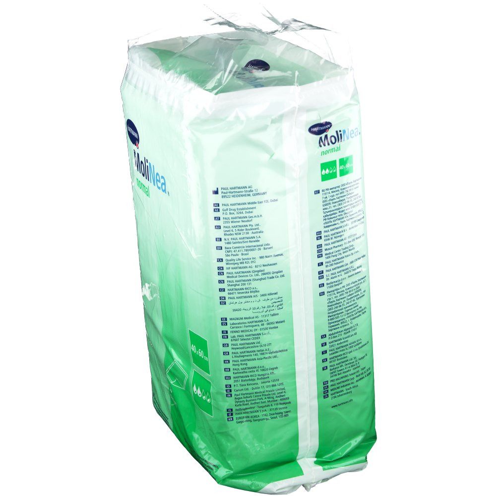 Verpakking MoliNea normal onderleggers. Groen-witte plastic verpakking. Productinformatie en logo zichtbaar.