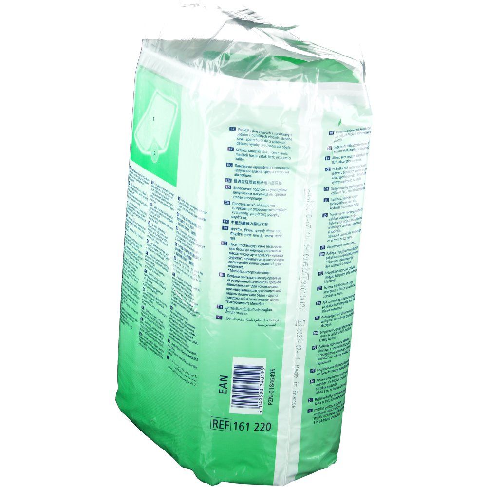 Verpakking MoliNea normal. Groen-witte folie met productinformatie, EAN-code en referentienummer.