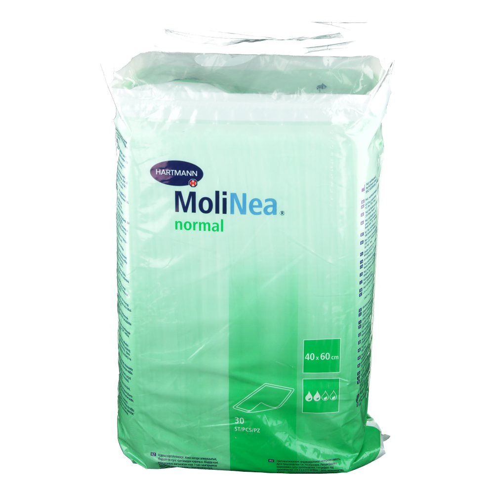 Verpakking MoliNea normal onderleggers. 40x60cm, 30 stuks. Hartmann logo en productnaam.