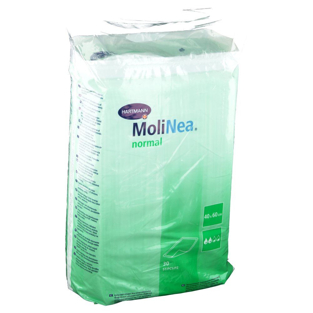 Verpakking MoliNea normal onderleggers. 40x60cm, 30 stuks. Hartmann logo en productnaam.