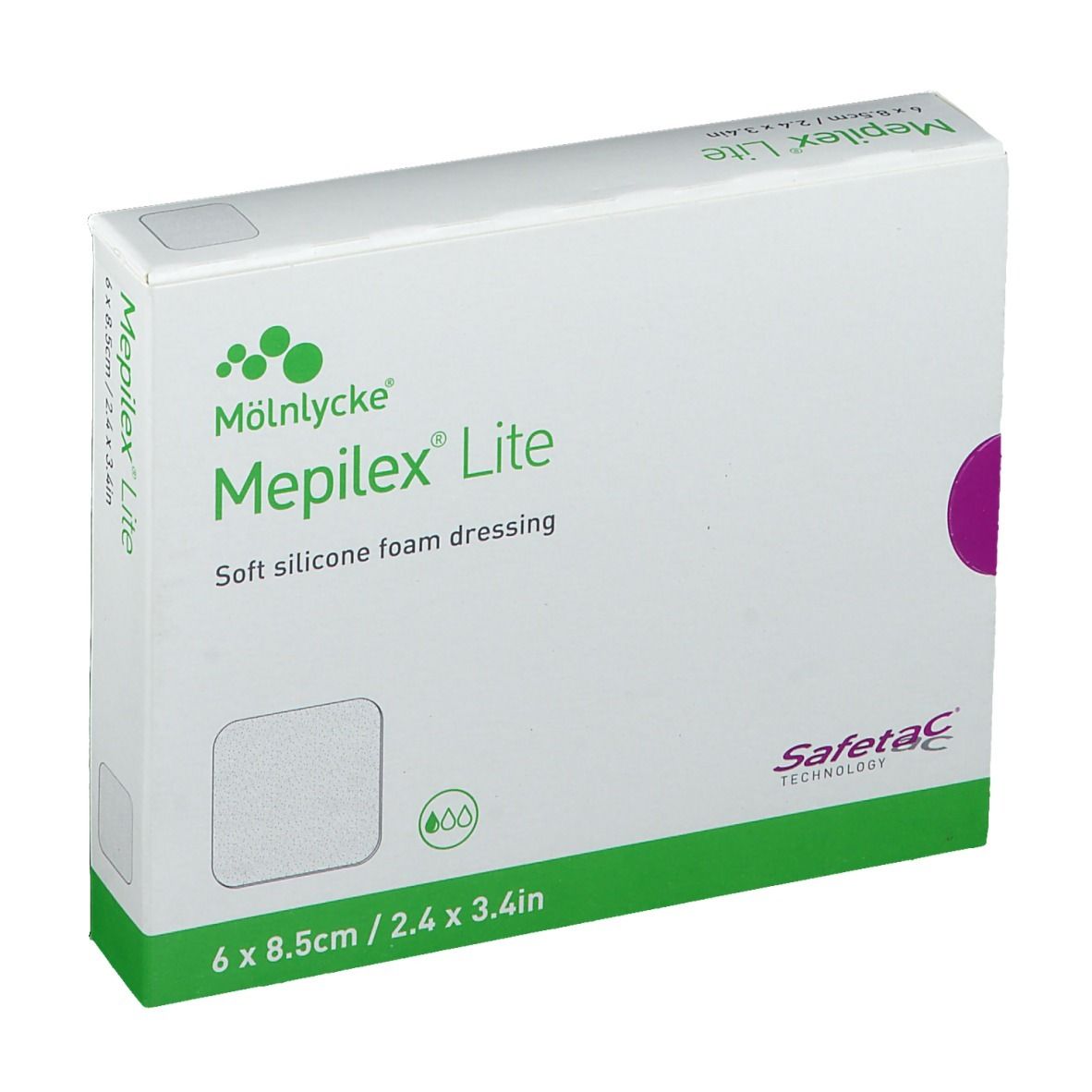 Boîte de Mepilex Lite. Boîte blanche avec accent vert. Contient 6 pansements, 8,5cm x 2,4 x 3,4in. Technologie Safetac.