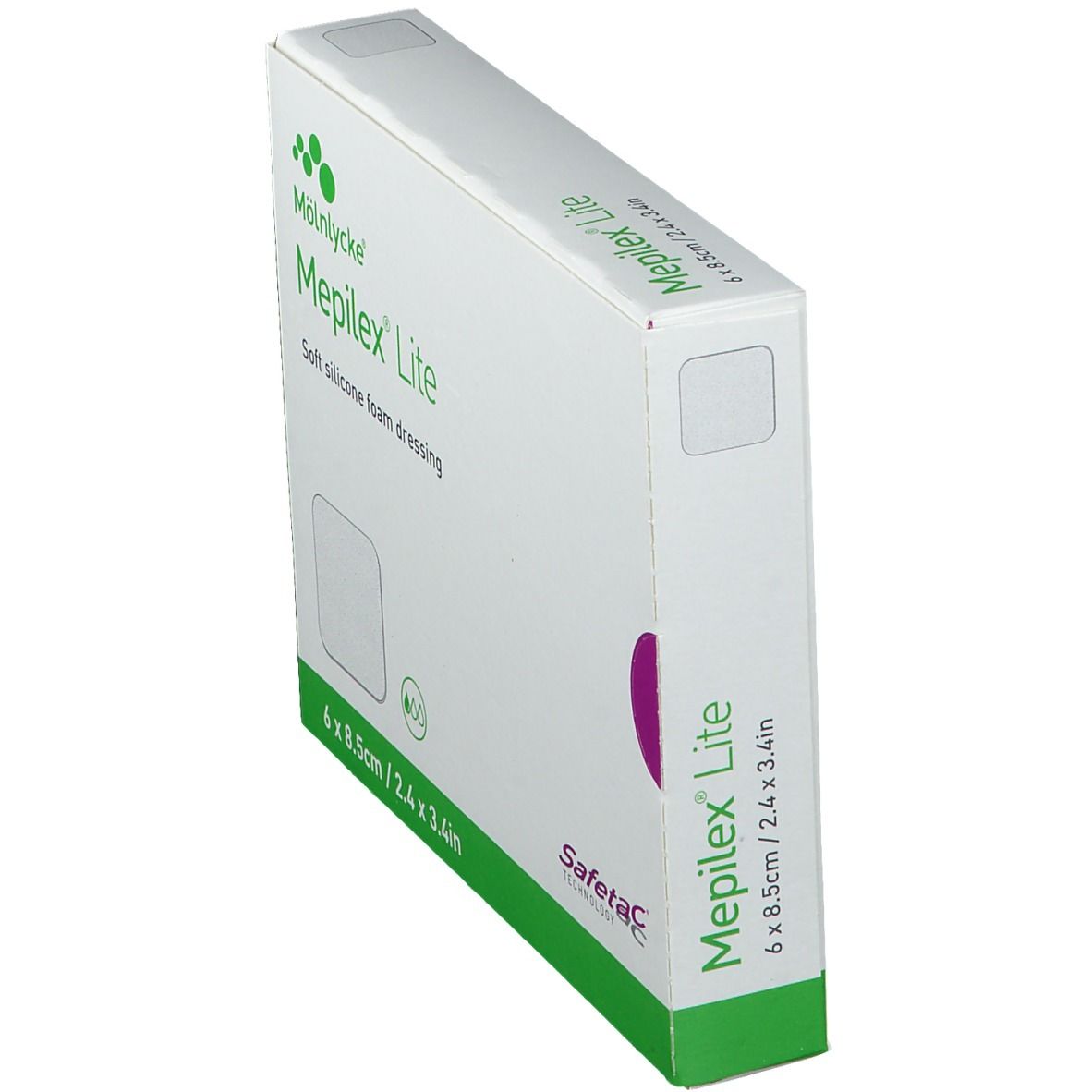Boîte de Mepilex Lite en biais. Boîte blanche avec accent vert. Contient 6 pansements, 8,5cm x 2,4 x 3,4in. Technologie Safetac.