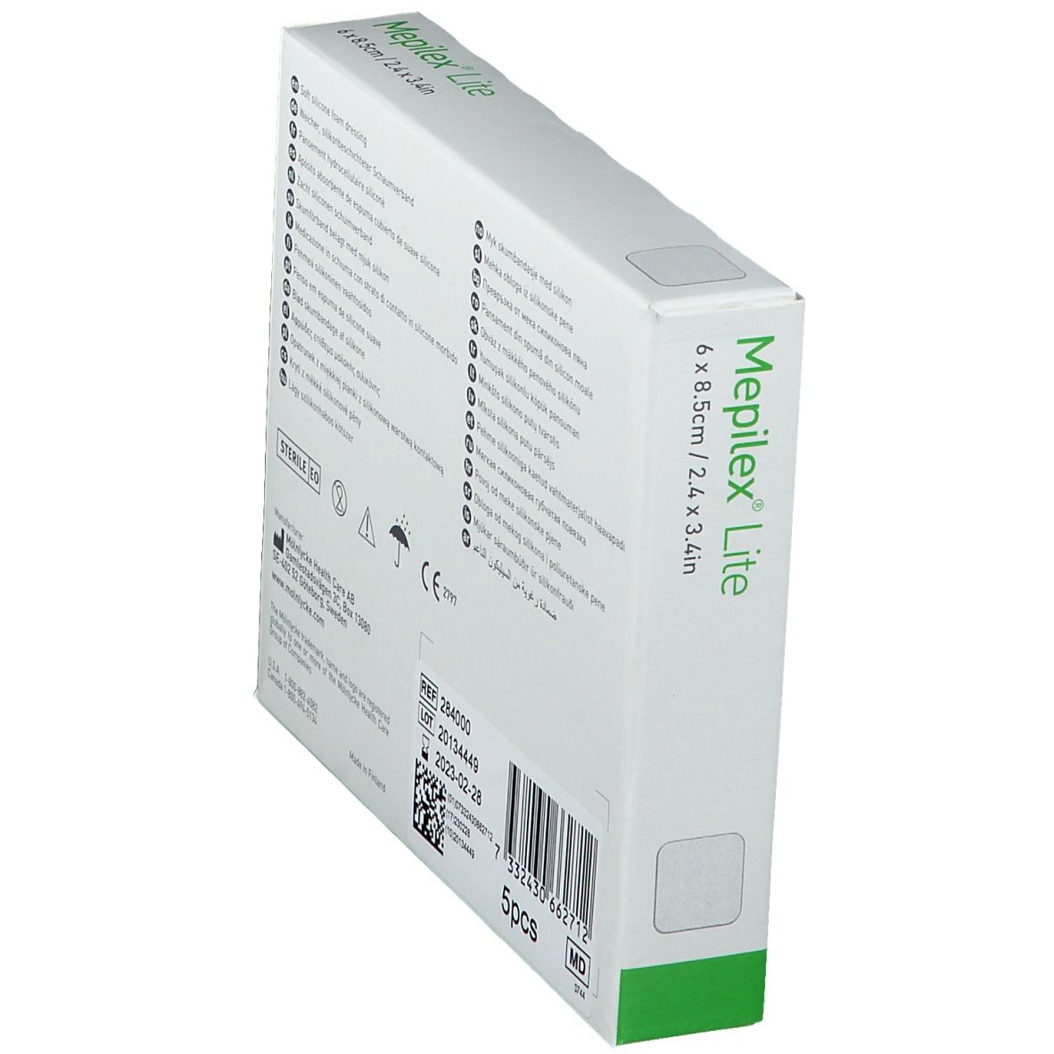 Boîte Mepilex Lite en biais, dos. Informations. Date de péremption 2025-09-28. 5 pièces.