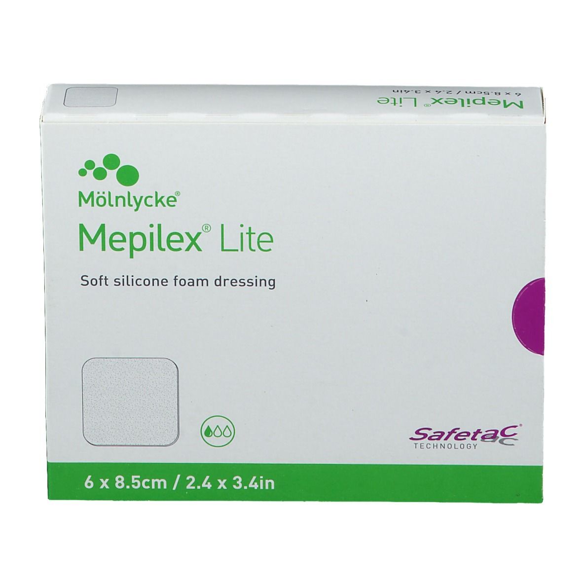 Boîte de Mepilex Lite. Boîte blanche avec accent vert. Contient 6 pansements, 8,5cm x 2,4 x 3,4in. Technologie Safetac.