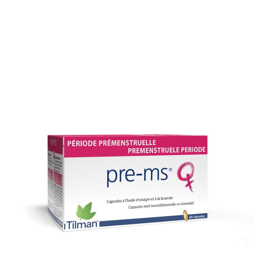 Witte doos met roze deksel. Opschrift: pre-ms®, capsules met teunisbloemolie en lavendel. Merk: Tilman. 84 capsules.