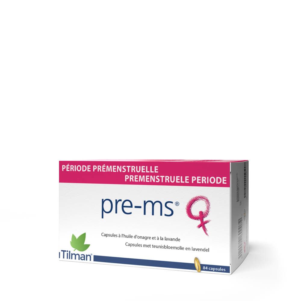 Witte doos met roze deksel. Opschrift: pre-ms®, capsules met teunisbloemolie en lavendel. Merk: Tilman. 84 capsules.