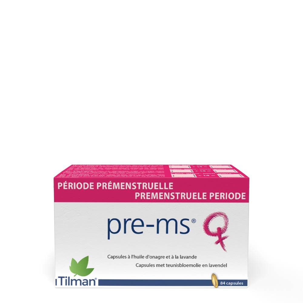 Witte doos met roze deksel. Opschrift: pre-ms®, capsules met teunisbloemolie en lavendel. Merk: Tilman. 84 capsules.