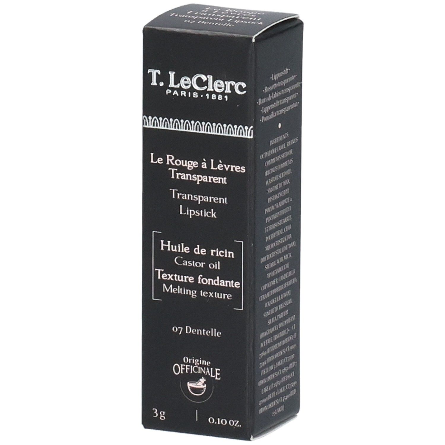Schwarze Verpackung mit Produktinformationen. Marke: T. LeClerc. Produkt: Transparent Lipstick. Inhaltsstoffe und Gewicht.