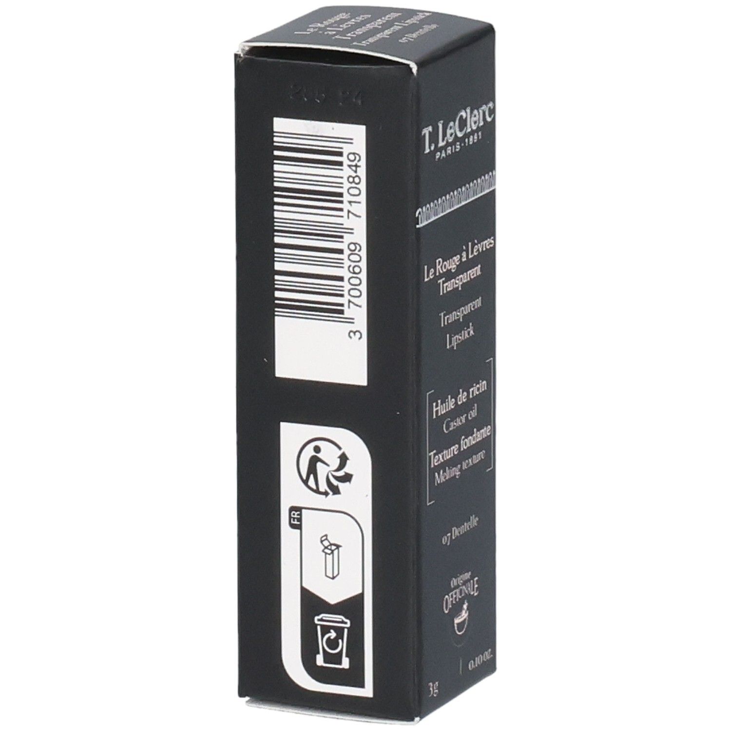 Schwarze Verpackung mit Produktinformationen. Marke: T. LeClerc. Produkt: Transparent Lipstick. Barcode und Recycling-Symbol.