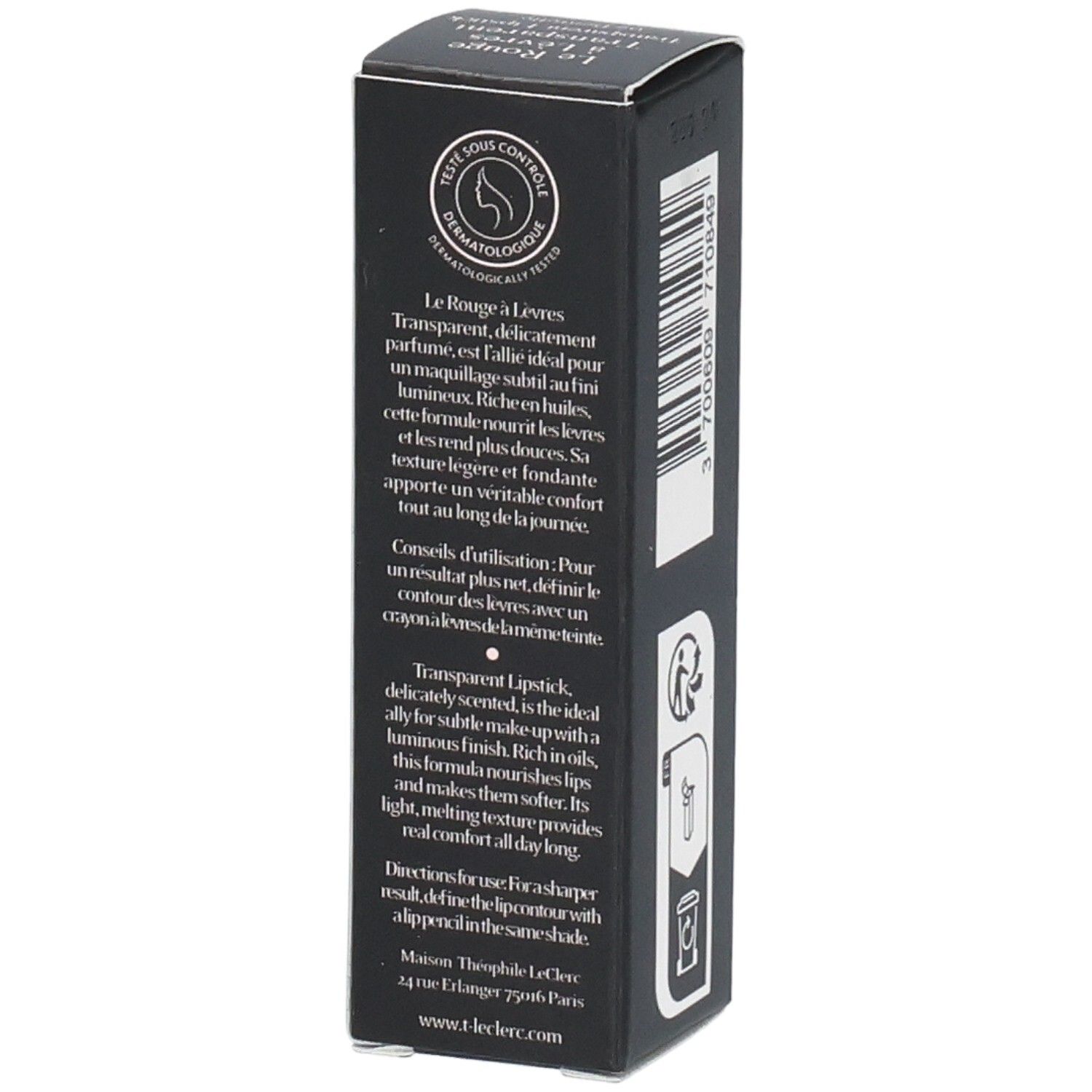 Schwarze Verpackung mit Produktinformationen. Marke: T. LeClerc. Produkt: Transparent Lipstick. Text und dermatologische Kontrolle.