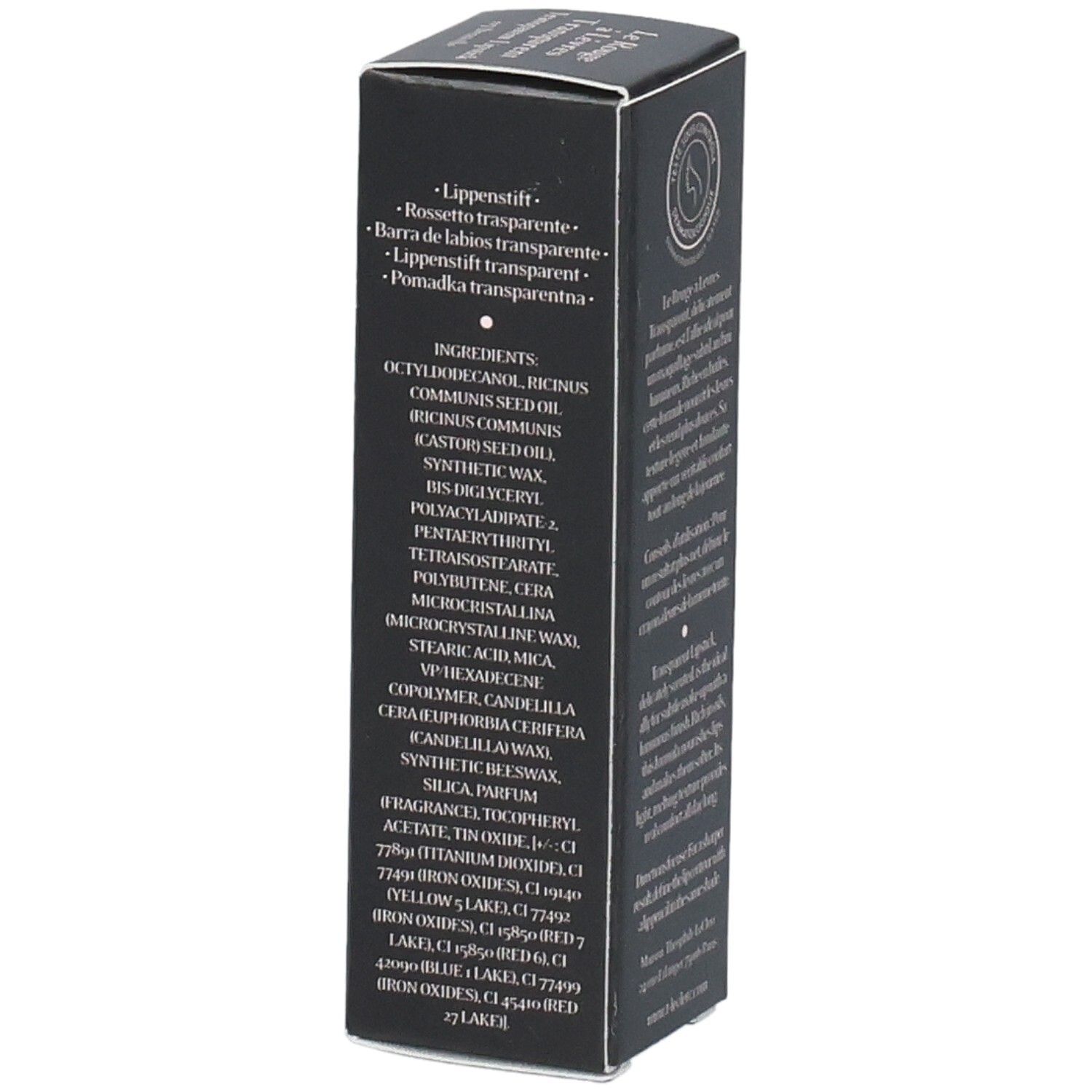 Schwarze Verpackung mit Produktinformationen. Marke: T. LeClerc. Produkt: Transparent Lipstick. Inhaltsstoffe.