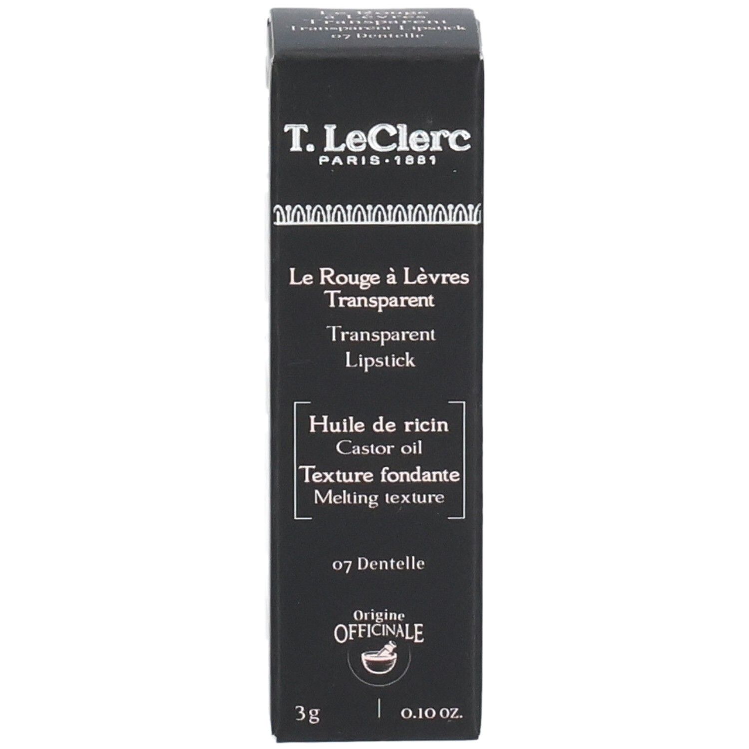 Schwarze Verpackung mit Produktinformationen. Marke: T. LeClerc. Produkt: Transparent Lipstick. Farbton 07 Dentelle.