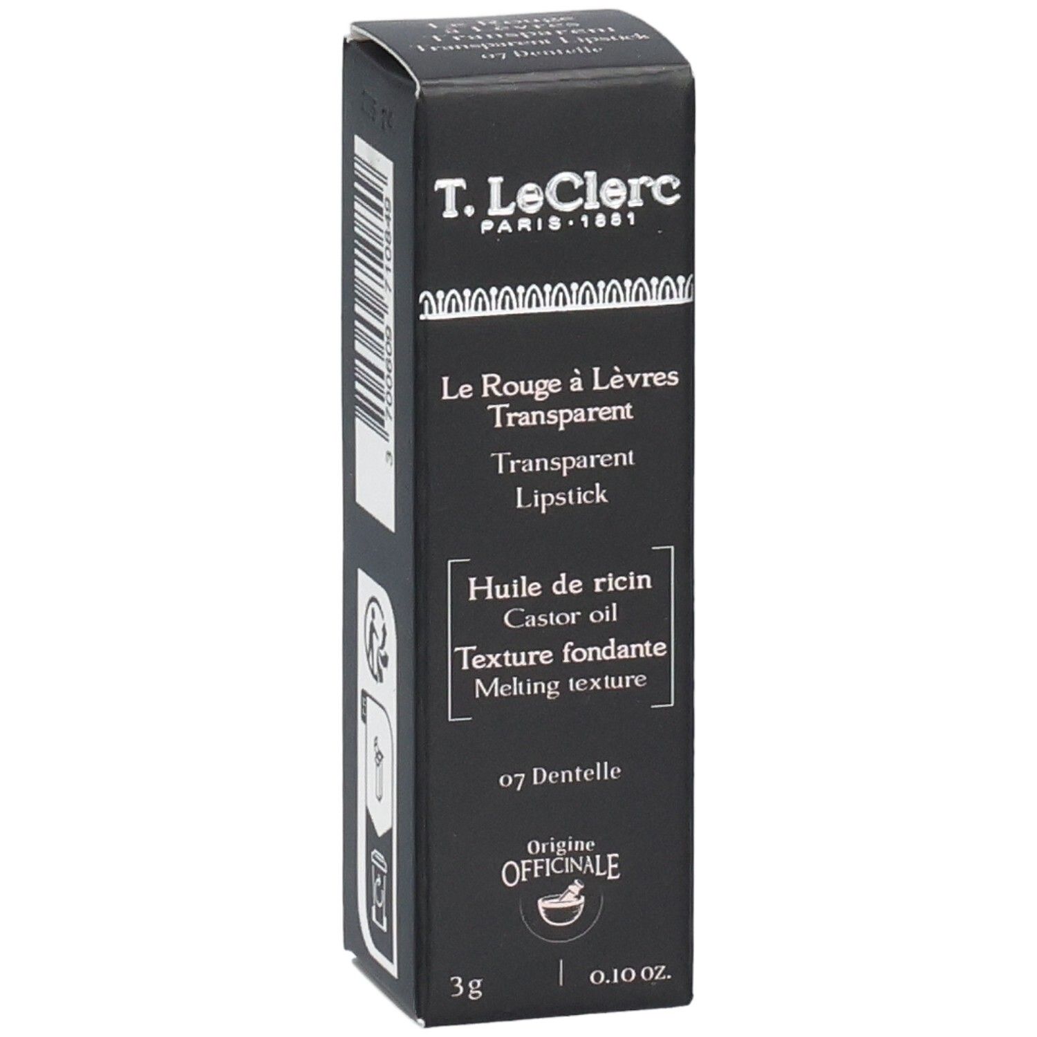 Schwarze Verpackung mit Produktinformationen. Marke: T. LeClerc. Produkt: Transparent Lipstick. Farbton 07 Dentelle.