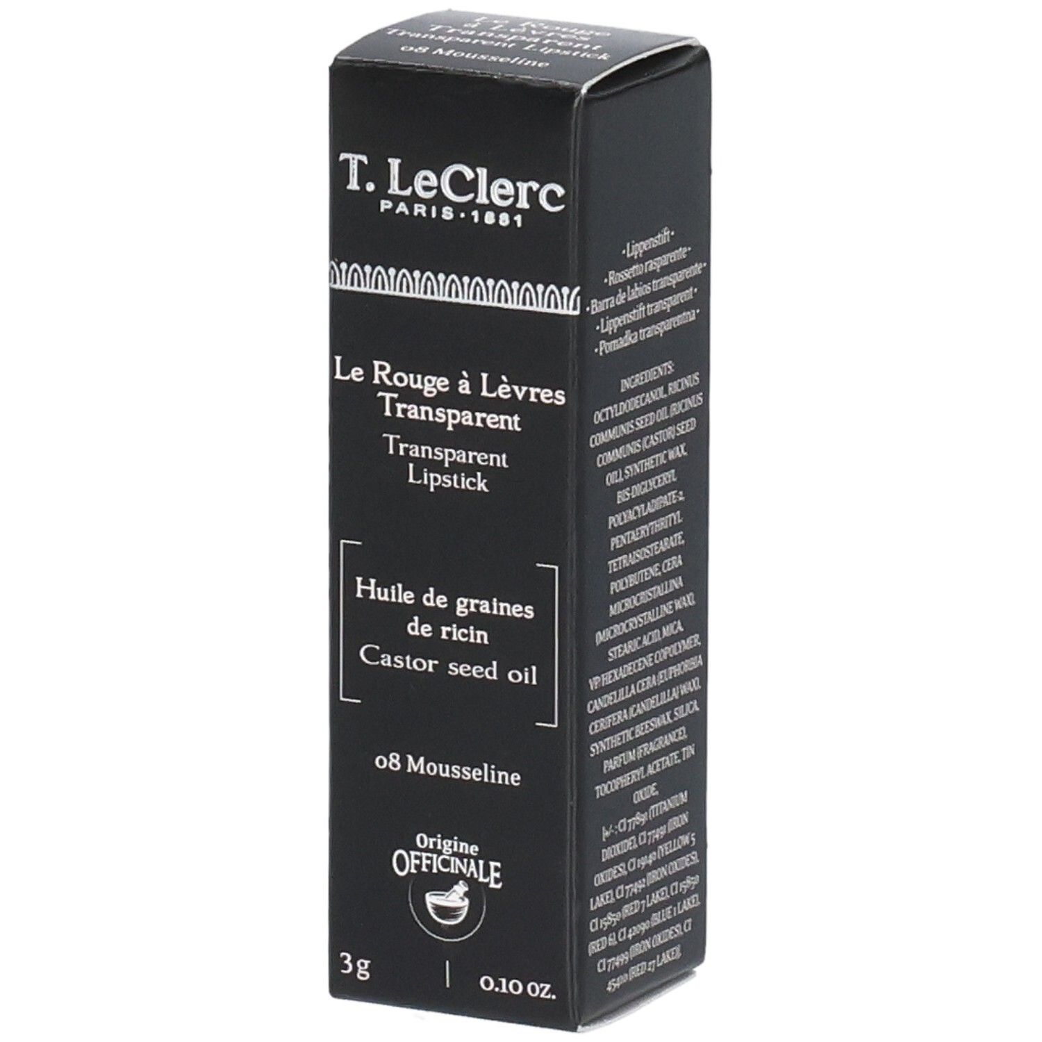 Schwarze Verpackung mit Produktnamen und Inhaltsangaben. Marke T. LeClerc. 3g, 0.10 oz.