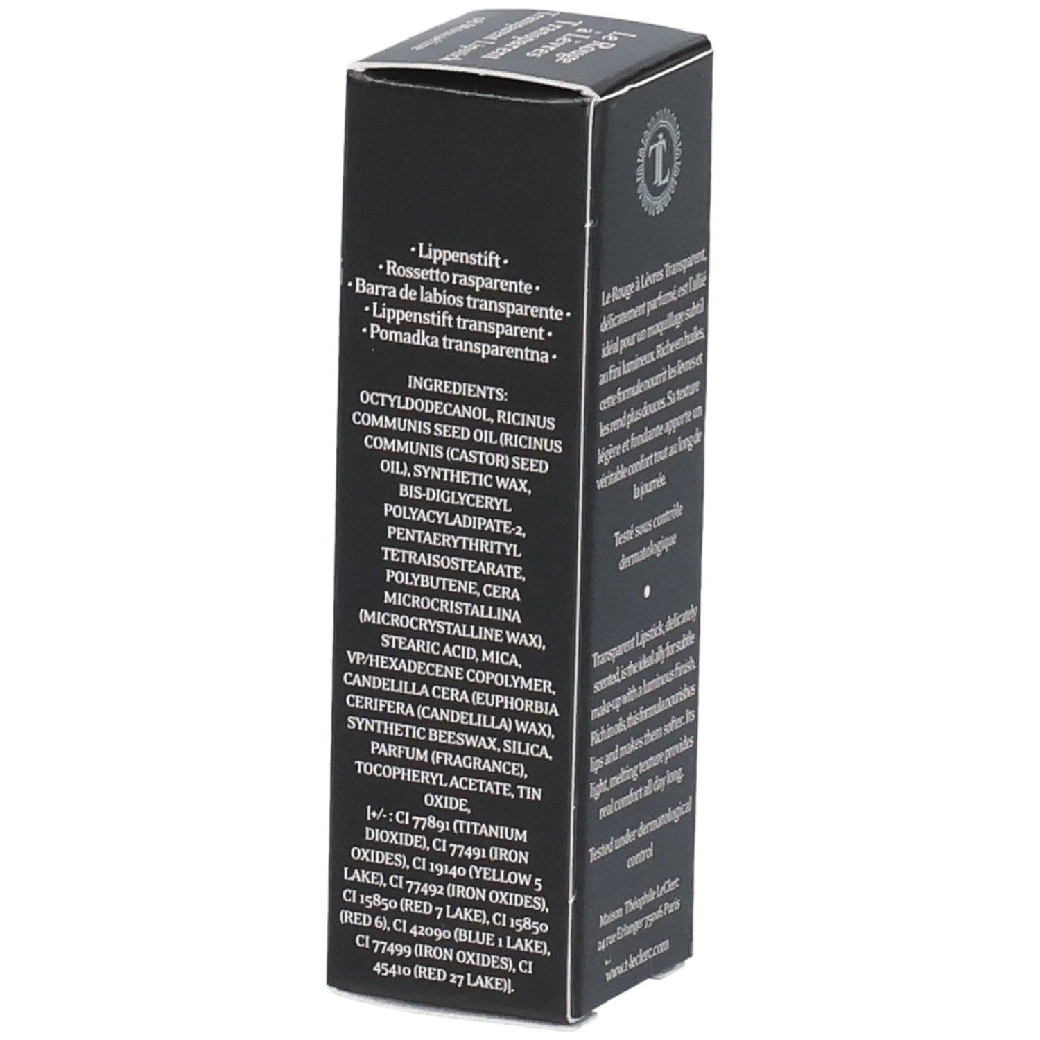 Schwarze Verpackung, Seite mit Inhaltsstoffen. Marke T. LeClerc. Enthält Inhaltsstoffliste.