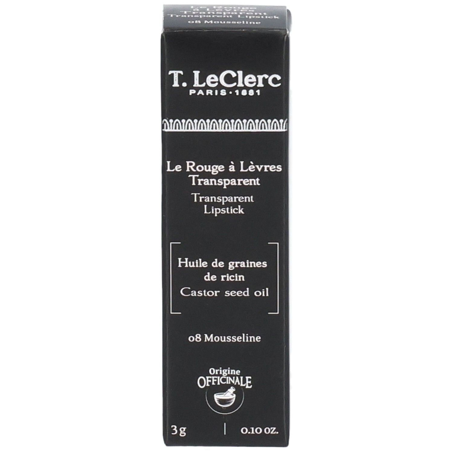Schwarze Verpackung mit Produktnamen und Inhaltsangaben. Marke T. LeClerc. 3g, 0.10 oz.