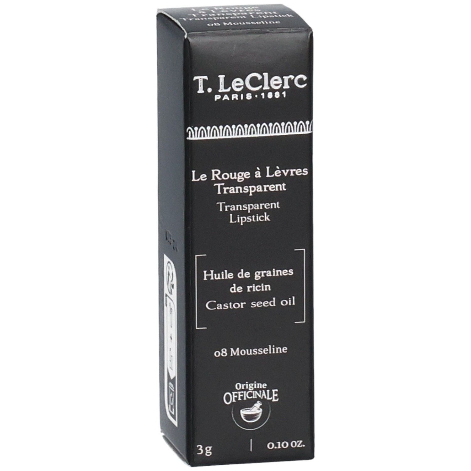 Schwarze Verpackung mit Produktnamen und Inhaltsangaben. Marke T. LeClerc. 3g, 0.10 oz.