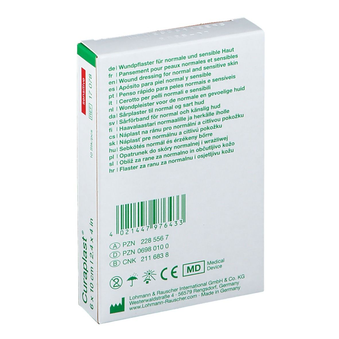 Dos de la boîte Curaplast. Texte multilingue. Marquage dispositif médical. Code-barres.