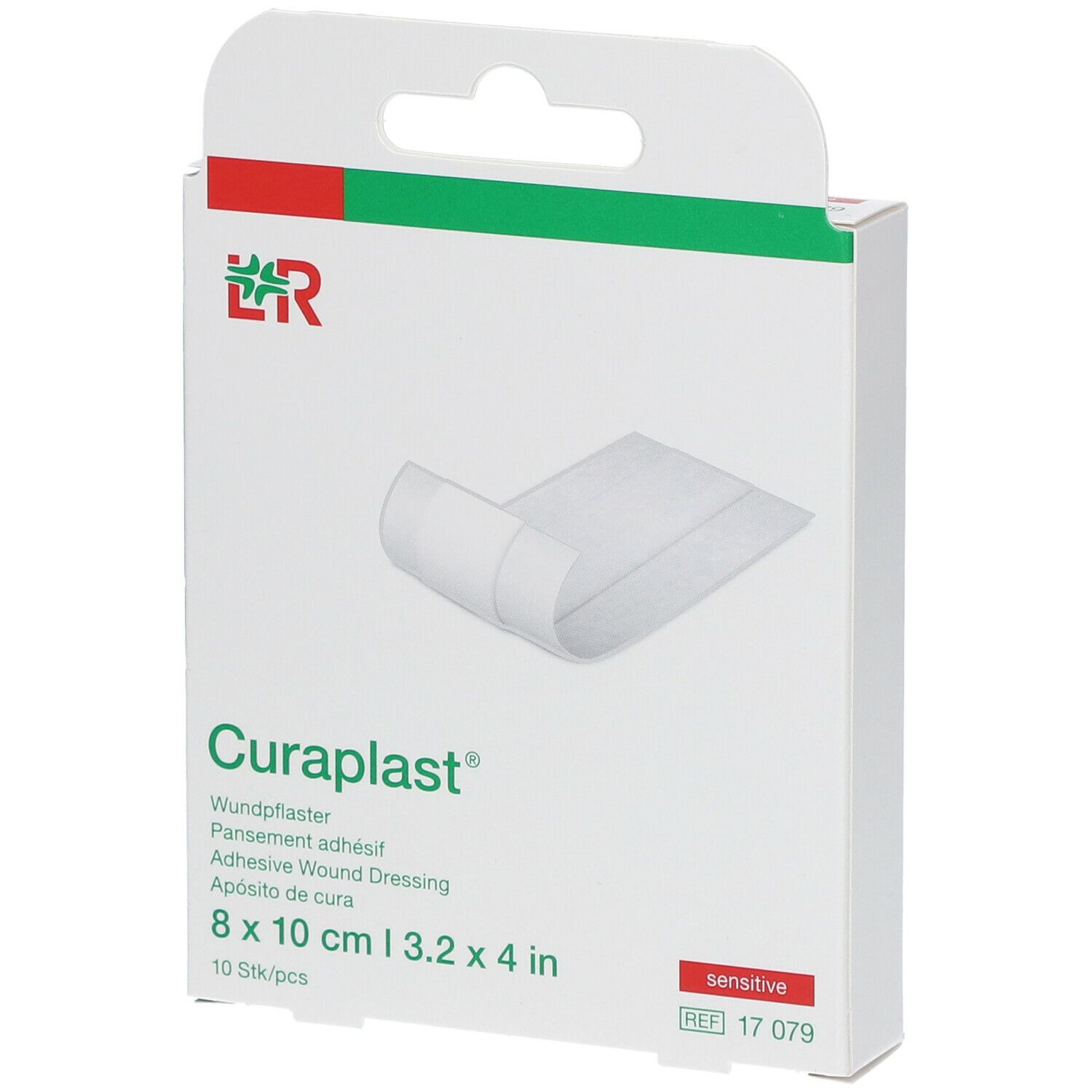 Emballage Curaplast® sensitiv, pansement adhésif. Dimensions 8 x 10 cm. 10 pièces. Visible: pansement.