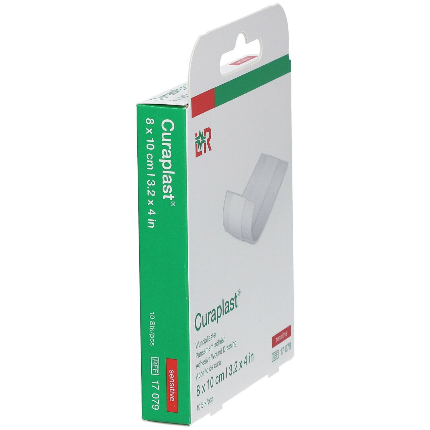 Emballage Curaplast® sensitiv, pansement adhésif. Dimensions 8 x 10 cm. 10 pièces. Vue: côté.