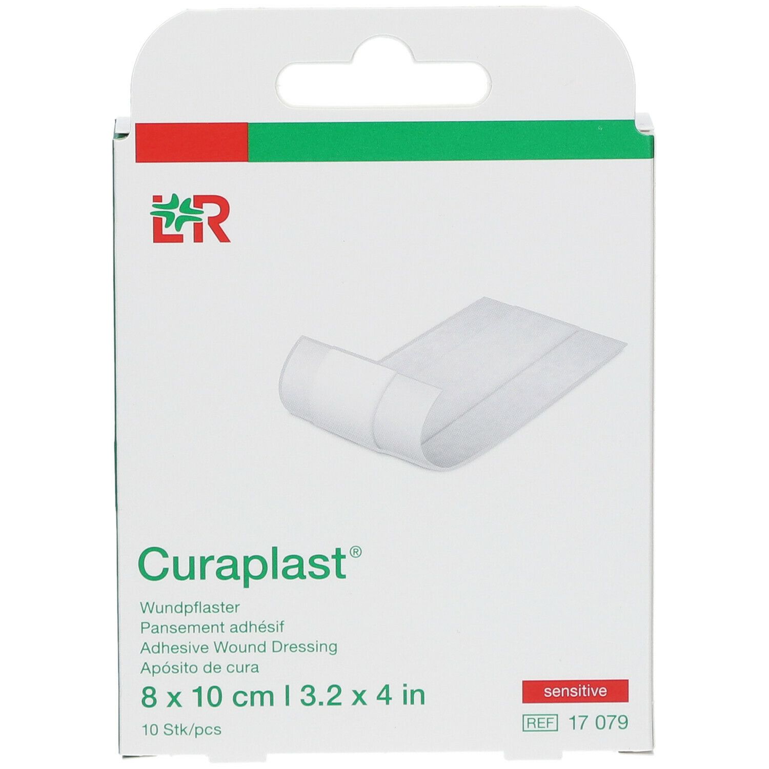 Emballage Curaplast® sensitiv, pansement adhésif. Dimensions 8 x 10 cm. 10 pièces. Visible: pansement.