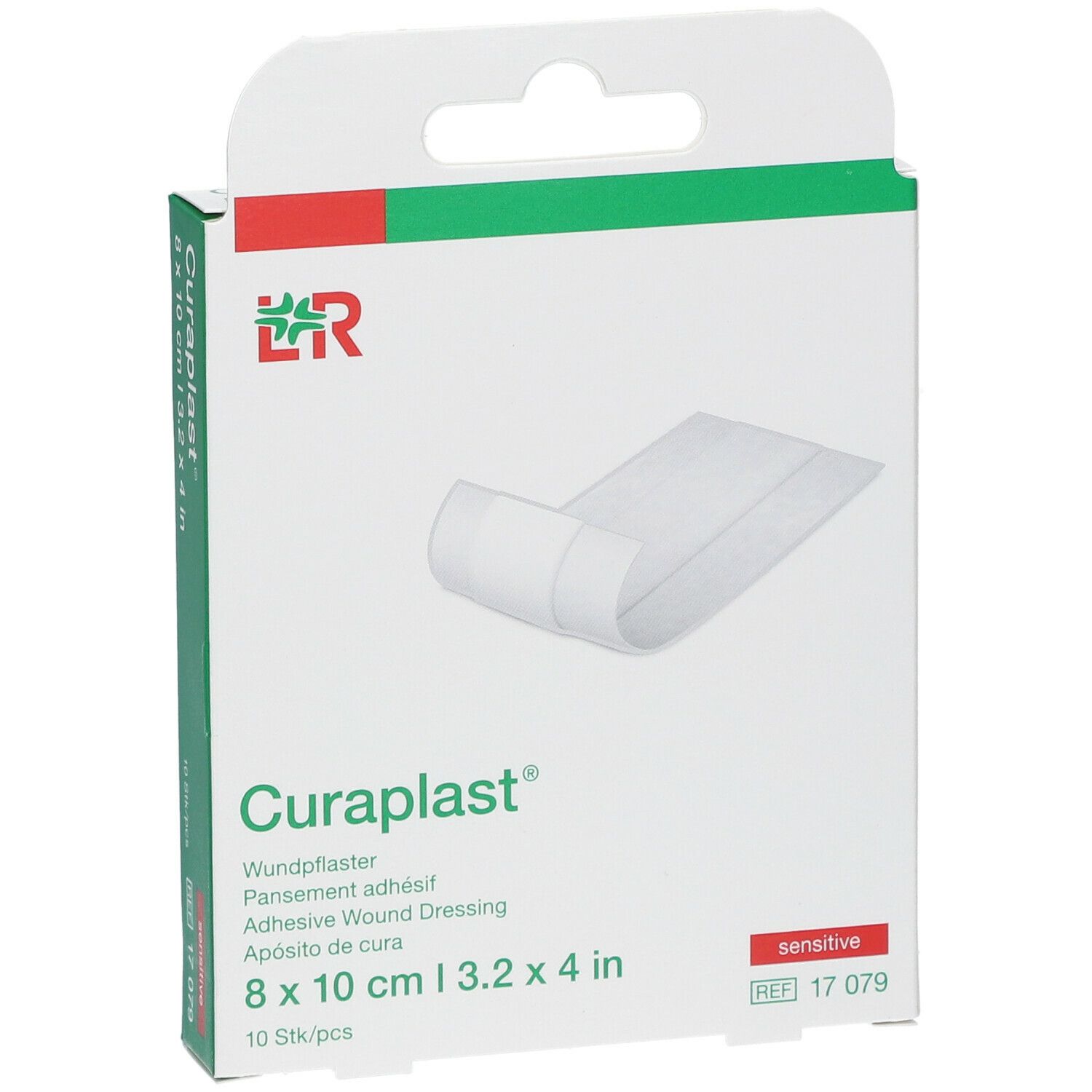 Emballage Curaplast® sensitiv, pansement adhésif. Dimensions 8 x 10 cm. 10 pièces. Vue: côté.