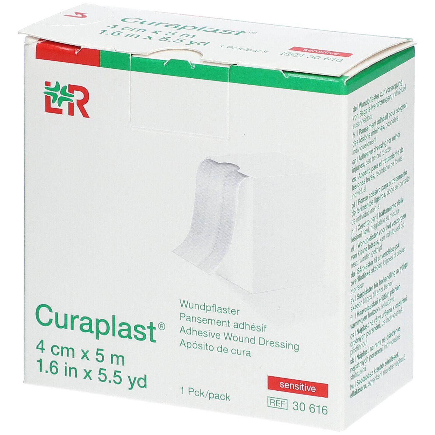 Verpackung von Curaplast® sensitiv Wundschnellverband. 4 cm x 5 m. Weißer Verband wird gezeigt. Aufdrucke: Curaplast®, 1 Pck/pack.