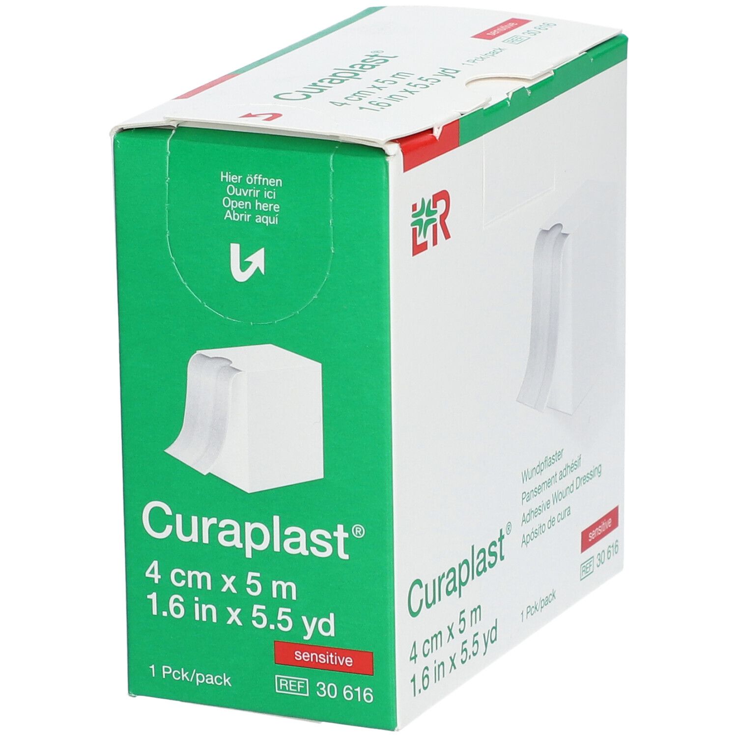 Grüne Verpackung von Curaplast® sensitiv Wundschnellverband. 4 cm x 5 m. Weißer Verband wird gezeigt. Aufdrucke: Curaplast®, 1 Pck/pack.