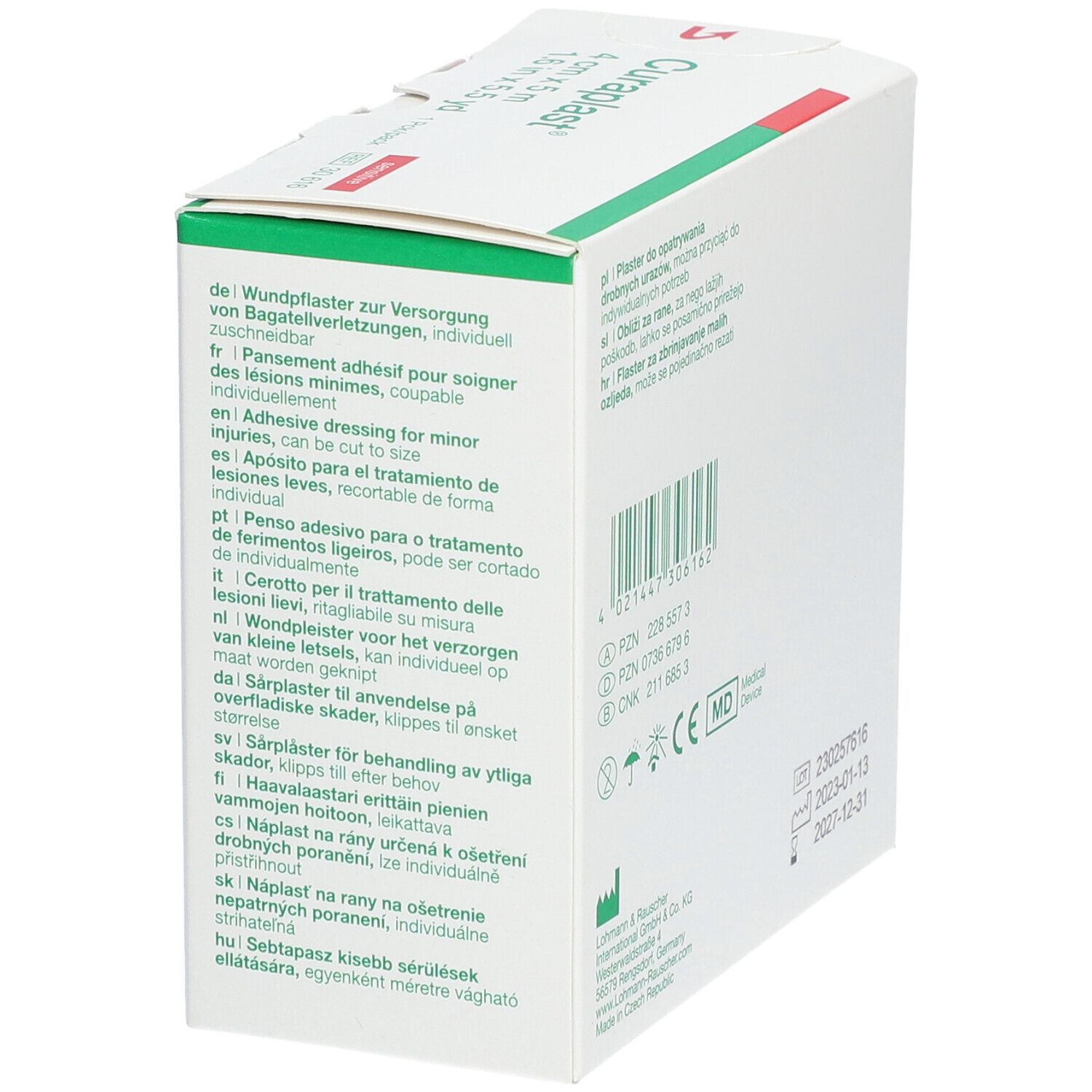Verpackung von Curaplast® sensitiv. Produktinformationen in verschiedenen Sprachen. Aufdrucke: Curaplast®, CE-Kennzeichnung.