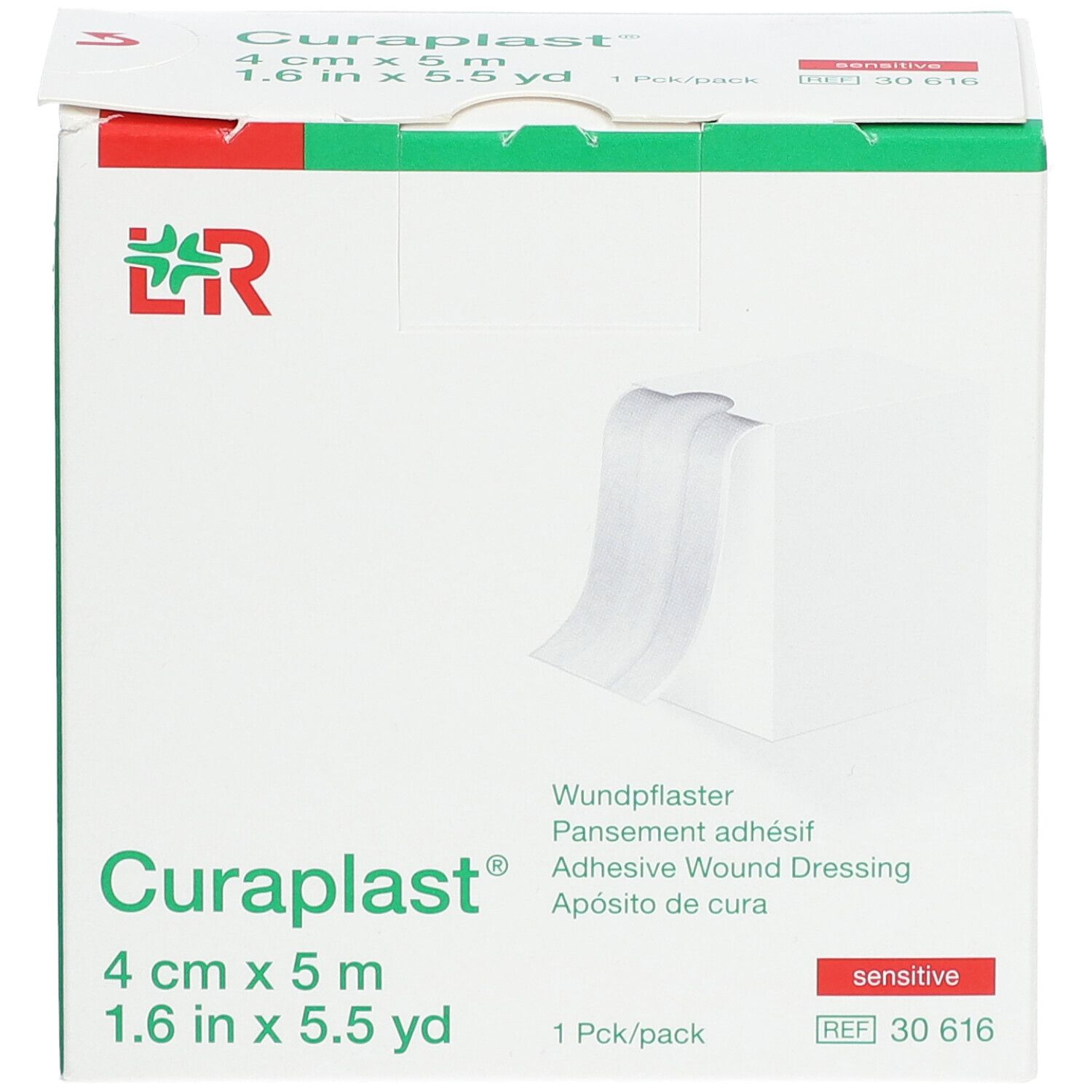 Verpackung von Curaplast® sensitiv Wundschnellverband. 4 cm x 5 m. Weißer Verband wird gezeigt. Aufdrucke: Curaplast®, 1 Pck/pack.