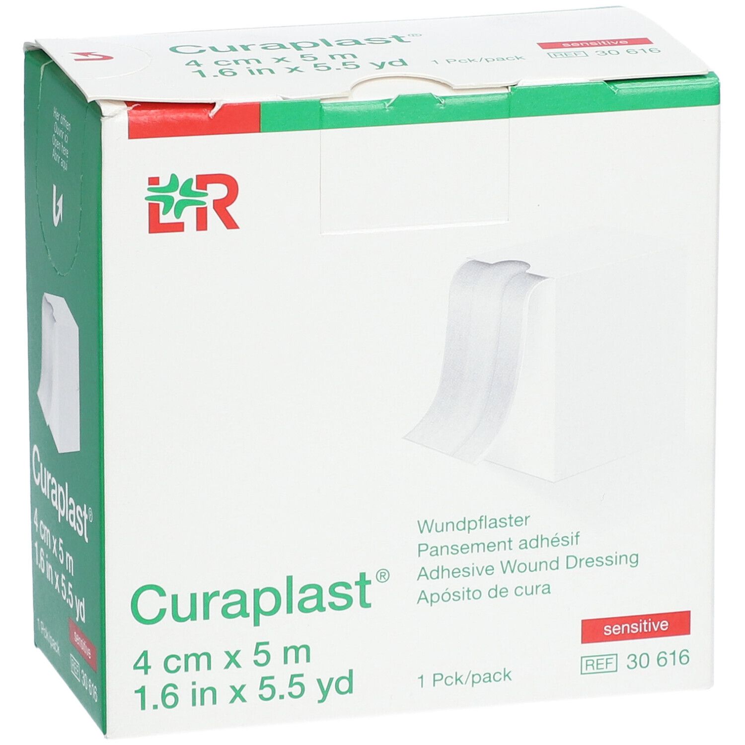 Verpackung von Curaplast® sensitiv Wundschnellverband. 4 cm x 5 m. Weißer Verband wird gezeigt. Aufdrucke: Curaplast®, 1 Pck/pack.
