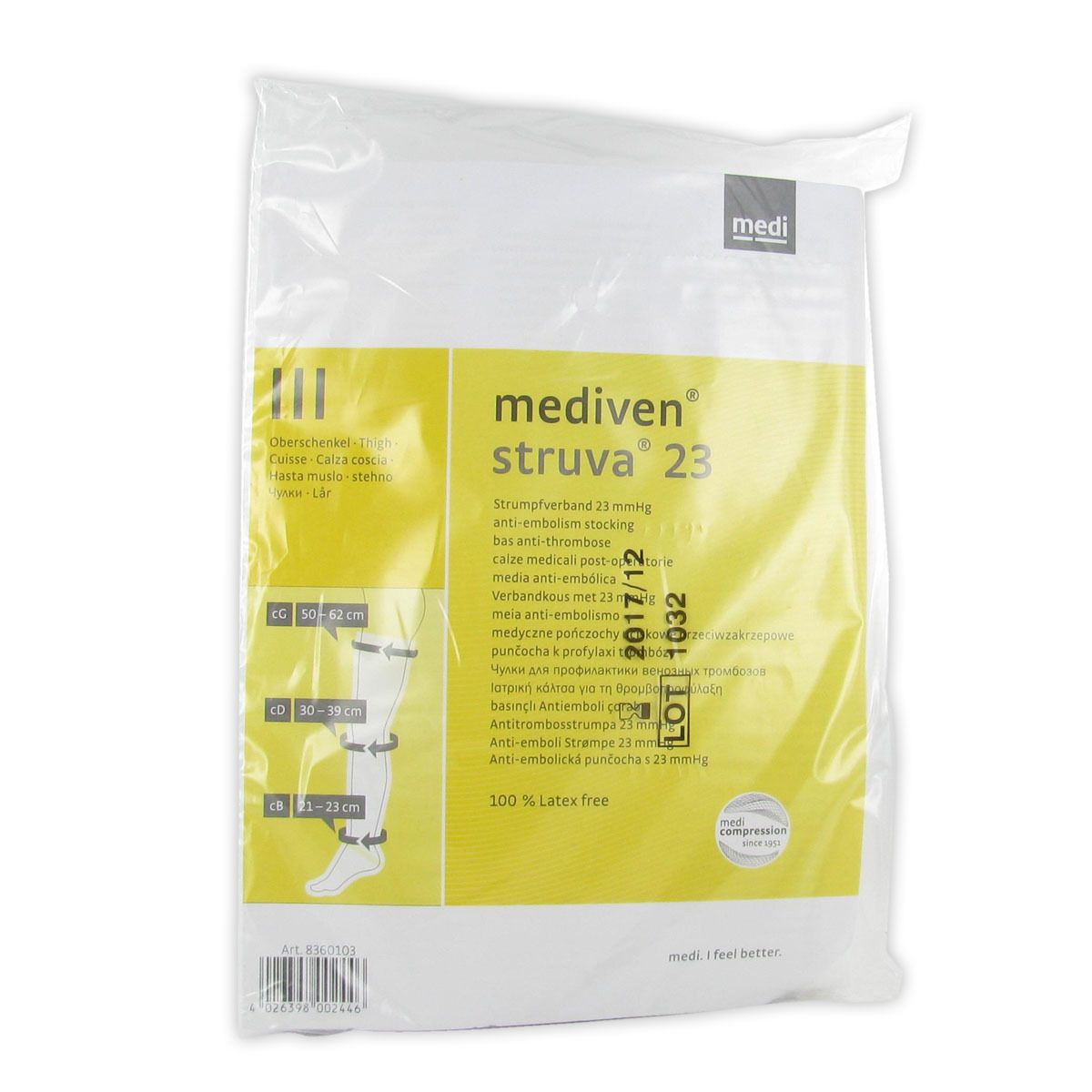 Verpakking met mediven® struva® 23 compressiekousen, maat 3, wit. Productinformatie en logo op gele achtergrond. 100% latexvrij.