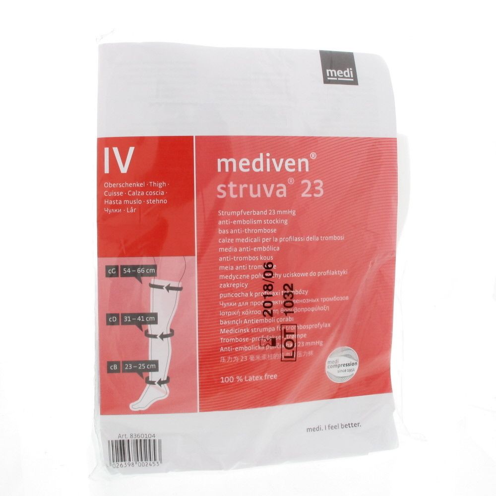 Emballage de mediven struva 23 blanc. Indications de taille et informations produit. Sans latex.