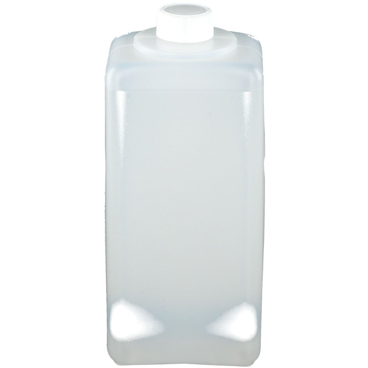 Flacon transparent rectangulaire avec bouchon blanc. Flacon vide, sans étiquette.