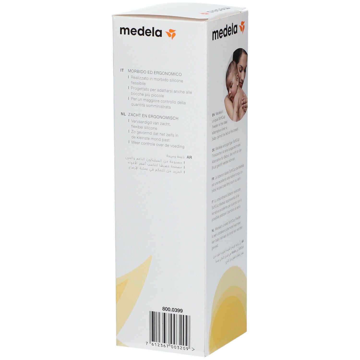 Dos de l'emballage Medela Softcup. Code-barres et texte. Image: mère et bébé.