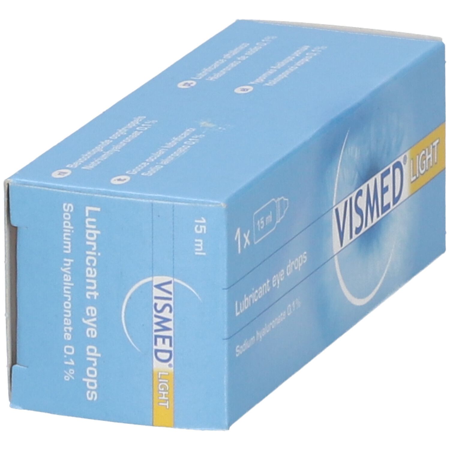 Boîte pliante bleu clair VISMED LIGHT. Contient 15 ml de gouttes oculaires. Inscription : Lubricant eye drops, Sodium hyaluronate 0,1%.