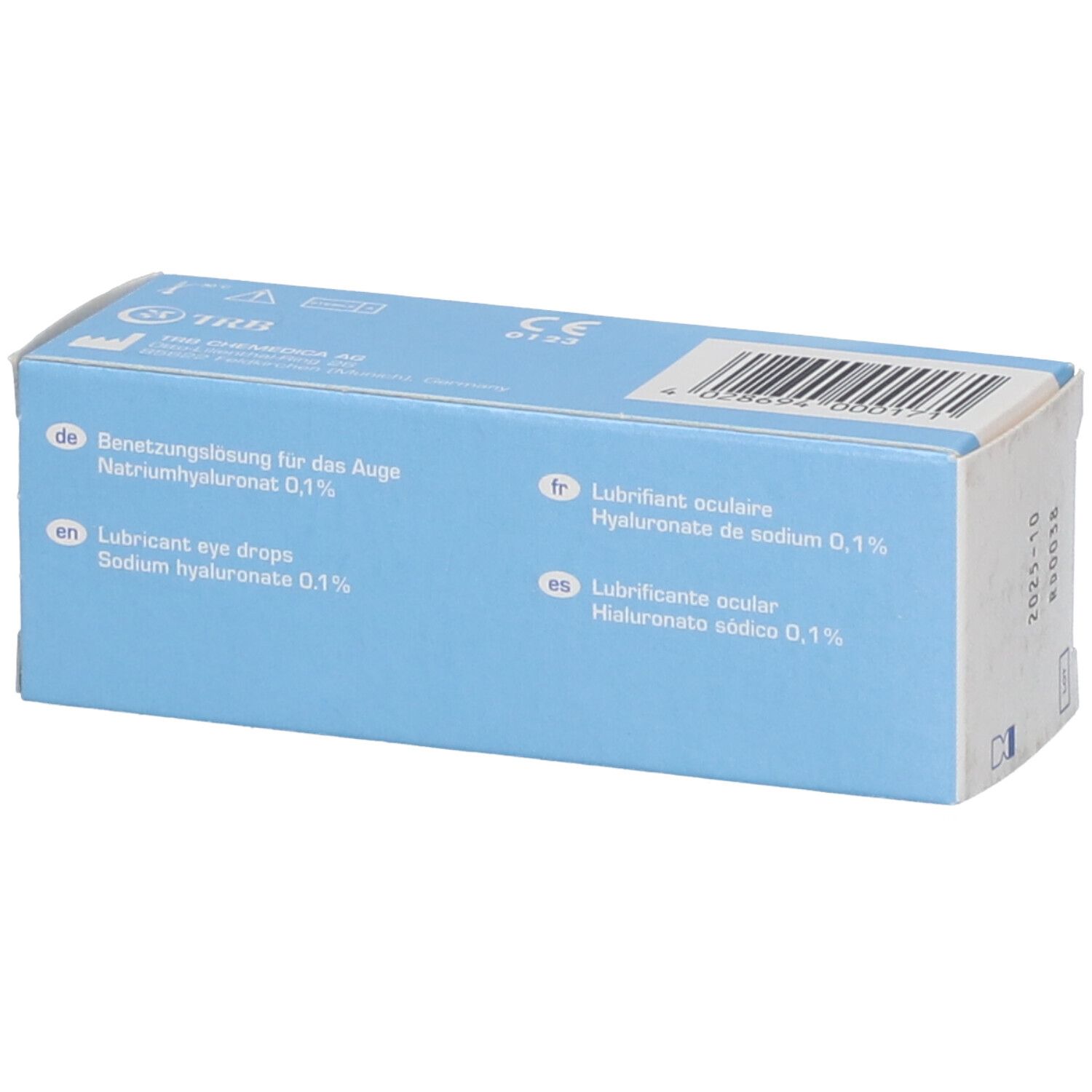 Boîte pliante bleu clair VISMED LIGHT. Contient 15 ml de gouttes oculaires. Inscription : Lubricant eye drops, Sodium hyaluronate 0,1%.