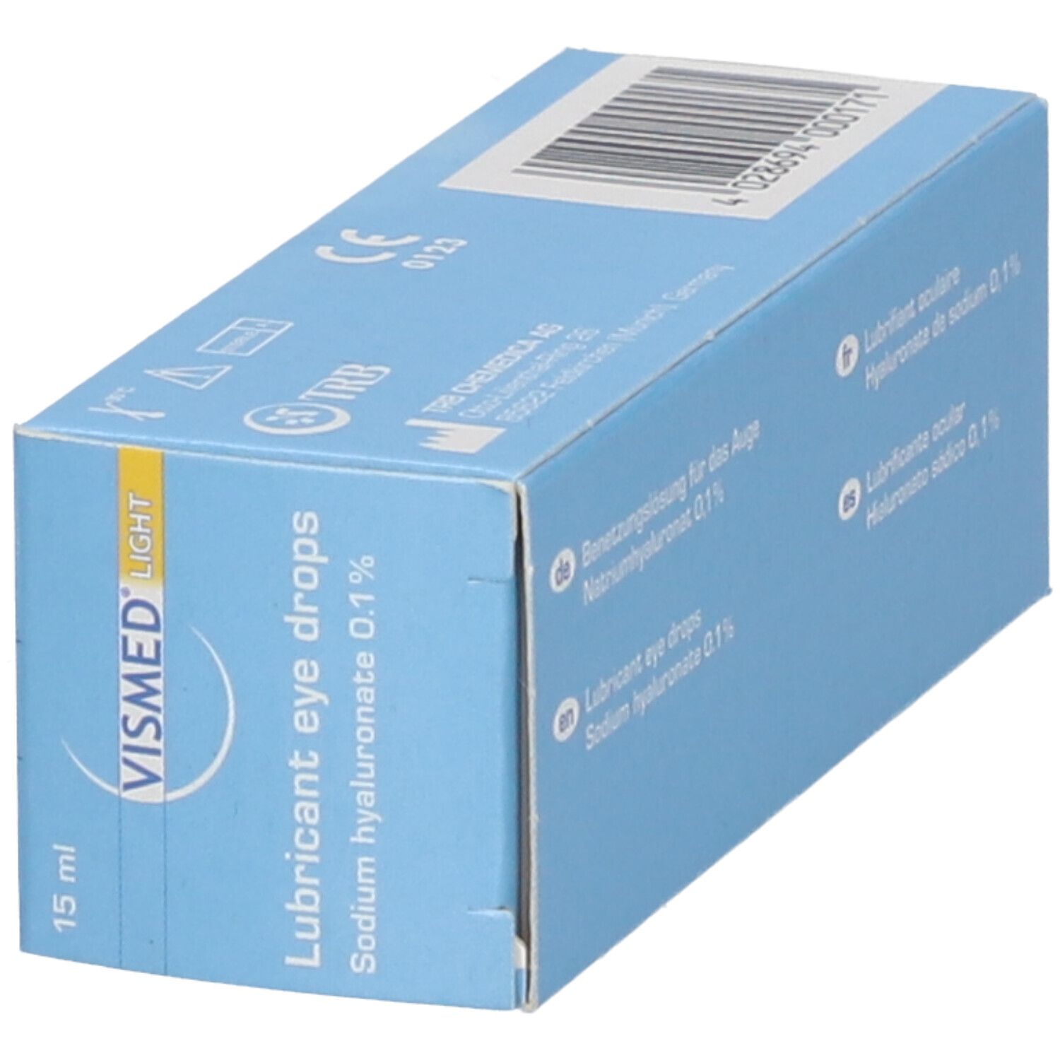 Boîte pliante bleu clair VISMED LIGHT. Contient 15 ml de gouttes oculaires. Inscription : Lubricant eye drops, Sodium hyaluronate 0,1%.