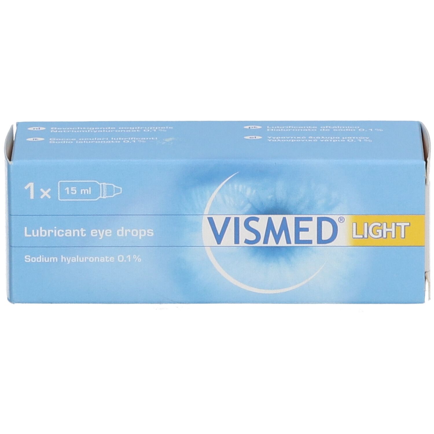 Boîte pliante bleu clair VISMED LIGHT. Contient 15 ml de gouttes oculaires. Inscription : Lubricant eye drops, Sodium hyaluronate 0,1%.