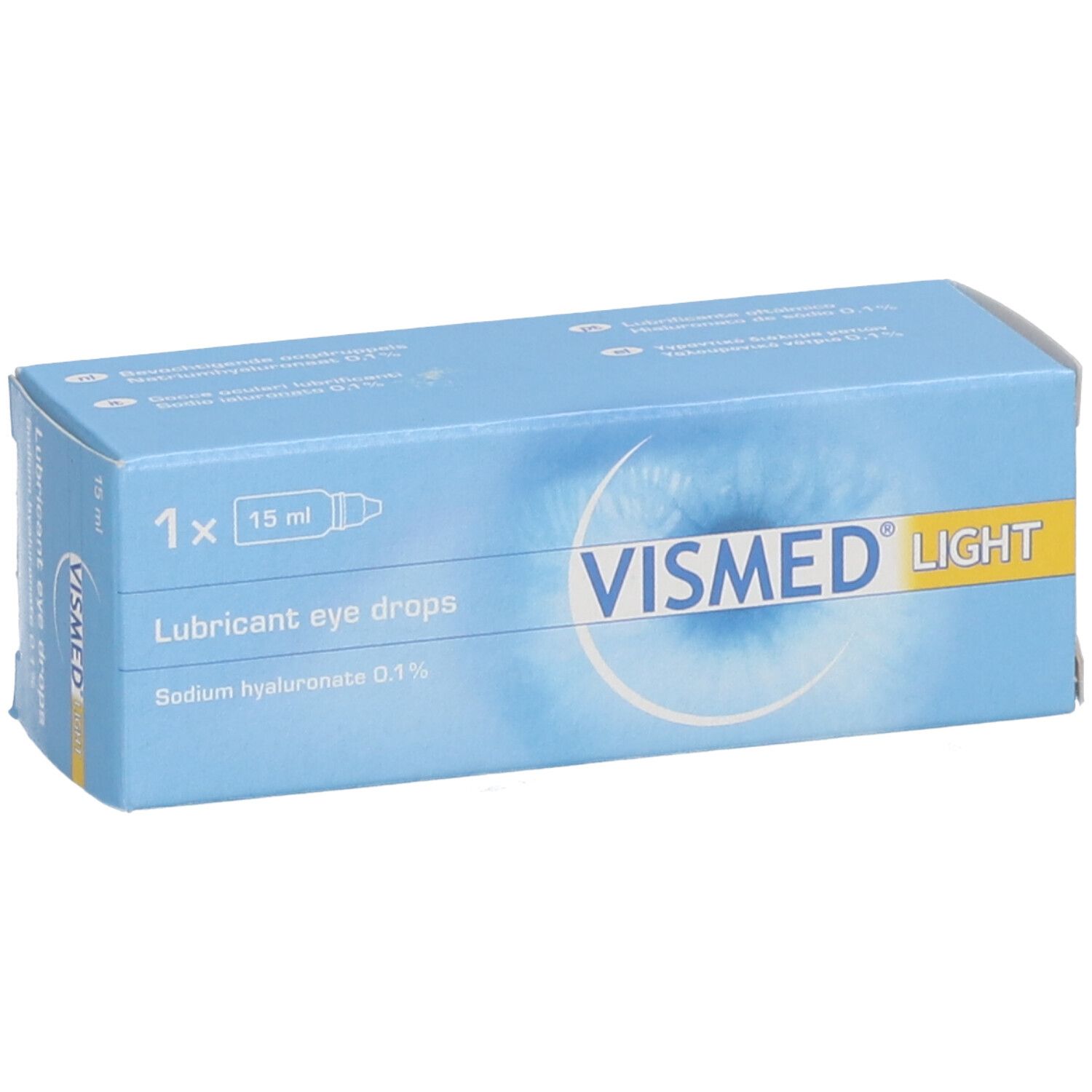 Boîte pliante bleu clair VISMED LIGHT. Contient 15 ml de gouttes oculaires. Inscription : Lubricant eye drops, Sodium hyaluronate 0,1%.