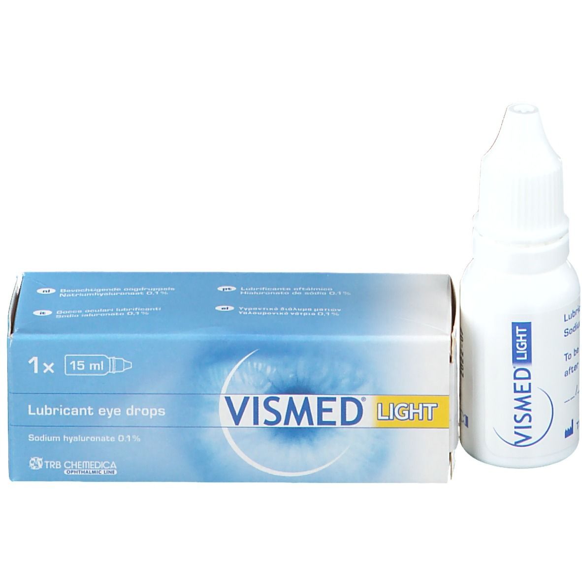 Boîte et flacon de gouttes oculaires VISMED LIGHT. Inscription : Lubricant eye drops, Sodium hyaluronate 0,1%.