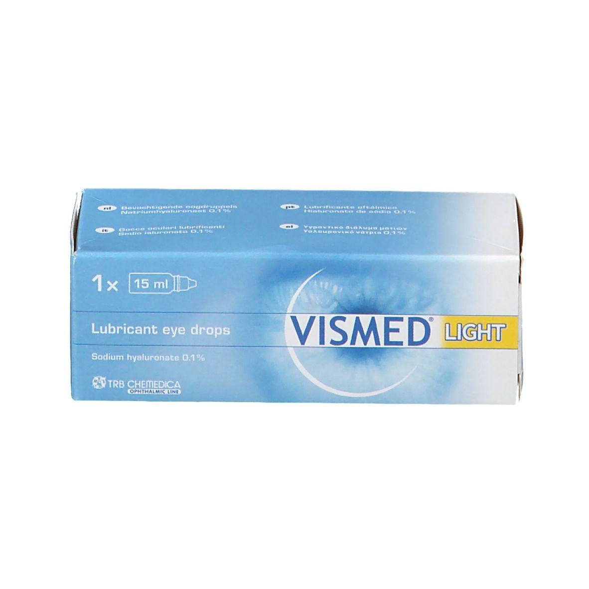Boîte pliante bleu clair VISMED LIGHT. Contient 15 ml de gouttes oculaires. Inscription : Lubricant eye drops, Sodium hyaluronate 0,1%.