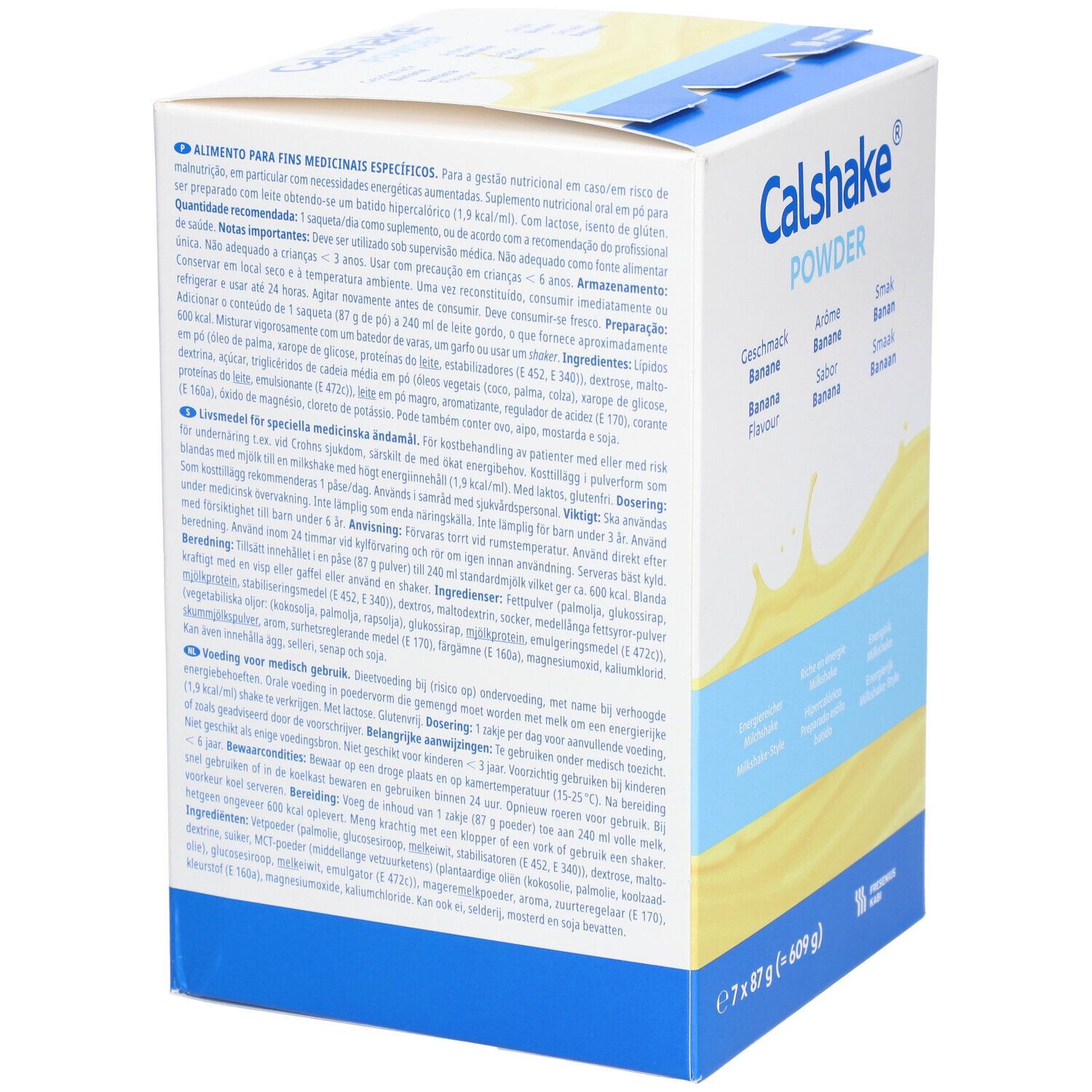 Doos Calshake Powder, bananensmaak. Meertalige tekst. Bevat 7 zakjes van 87g. Opschriften: Smaak banaan, Aroma banaan, Sabor banana, Smaak banaan.