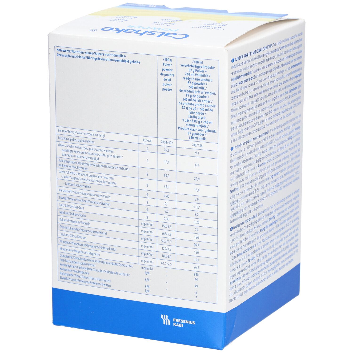 Doos Calshake Powder. Achterkant met voedingstabel. Bevat 7 zakjes van 87g. Fabrikant: Fresenius Kabi.