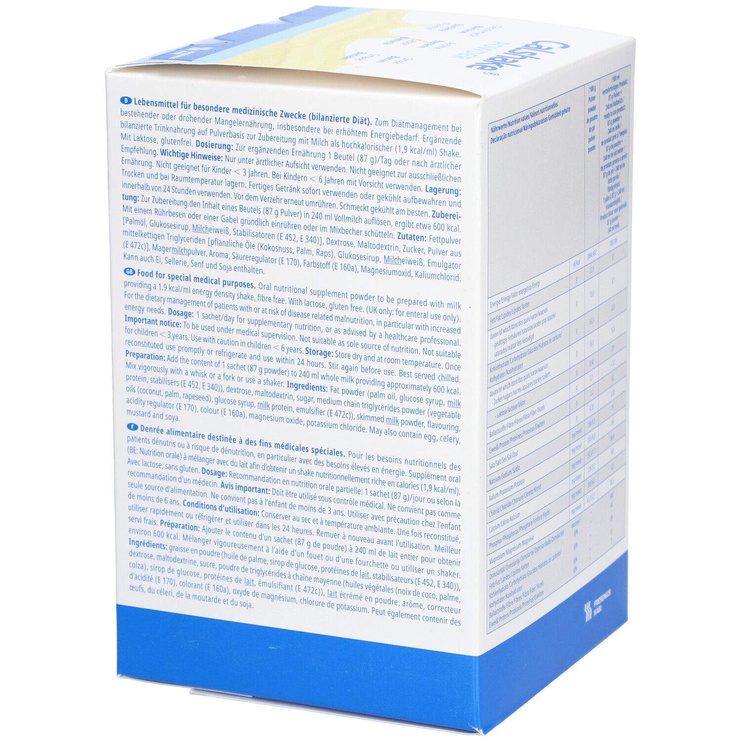 Doos Calshake Powder. Achterkant met meertalige tekst. Bevat 7 zakjes van 87g. Fabrikant: Fresenius Kabi.